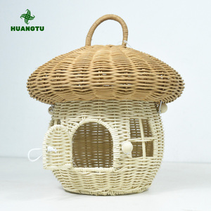 Huangtu Handmade Woven Rattan Mushroom House Shaped Basket Cute Desktop Storage Ornament Decoration Kids Toys Decor Doll Baskets