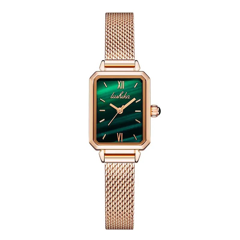 Elegant Trendy Square Quartz Malachite Watch Ladies Small Green Watch Titanium Steel Necklace Bracelet Set
