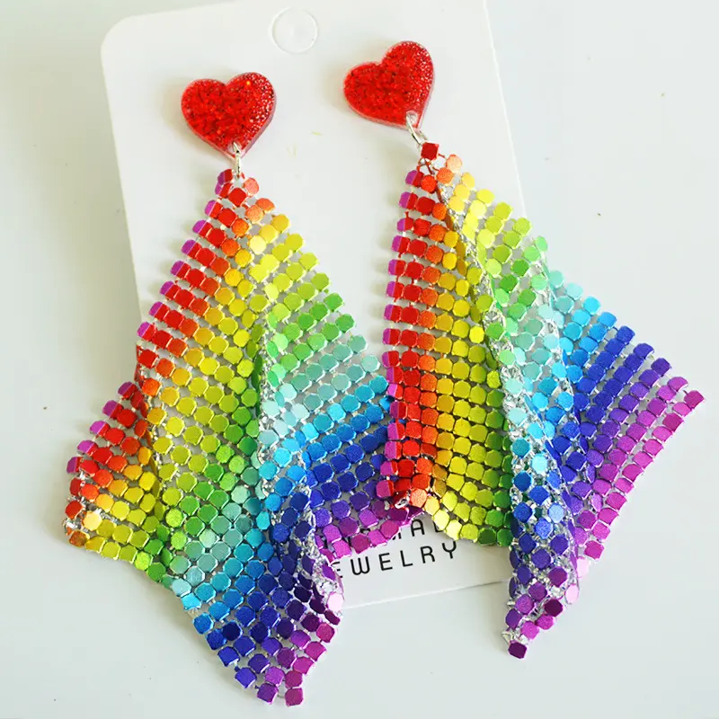 gestreifter Regenbogenherz/Metallkette Blech/Glitzer Herztropfen-Ohrringe für Damen Regenbogen-Tassel-Kranz-Ohrringe LGBTQ Gay Pride