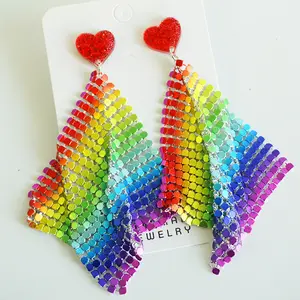 Corazón de arcoíris a rayas/hoja de cadena de Metal/pendientes de gota de corazón brillante para mujer pendientes de flecos de borla de arcoíris LGBTQ Orgullo Gay
