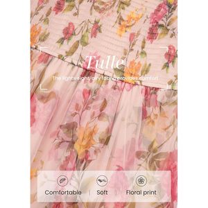 Robe longue florale en tulle FOXA pour femme, col rond, manches courtes, coupe trapèze, taille empire, idéale pour mariage, invitées, plage, soirée romantique d'été - Product Image 5