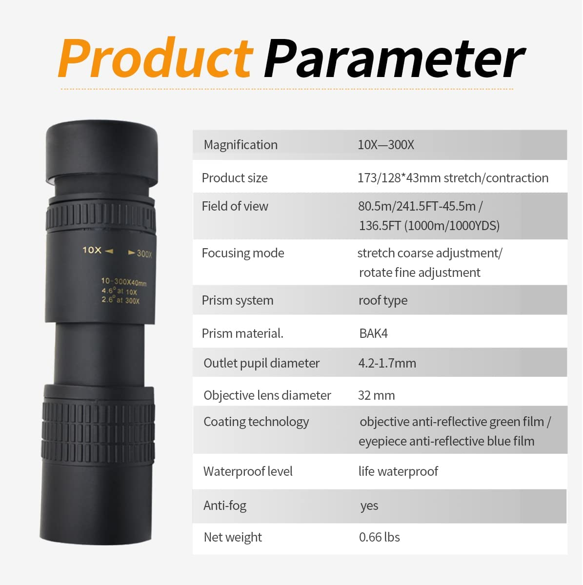 Phone Monocular Telescope  4K 10-300X40mm Super Telephoto Zoom Monocular Telescope Waterproof Night Vision