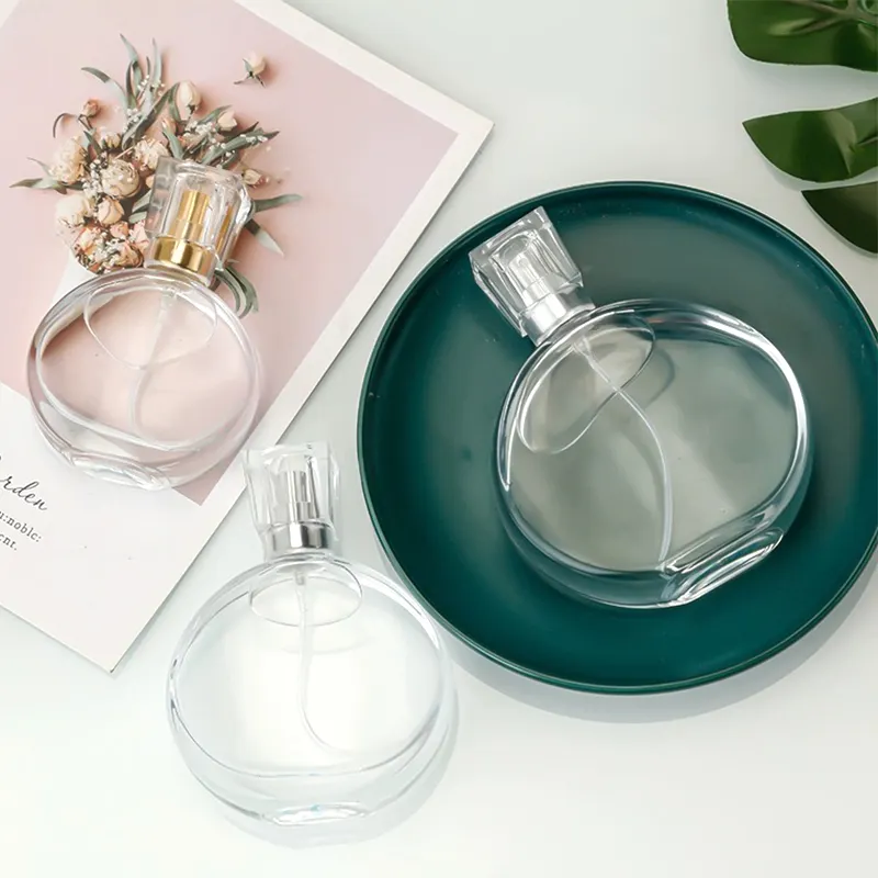 Wholesale Crystal White Glass Thick Bottom Bottle Customized Matte Polished Silk Screen Flat Round Perfume Bottle