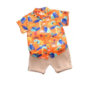 幼児男の子夏通気性スリーブ漫画プリントTシャツトップスカジュアルソリッドショーツ男の子用ツーピースセット
