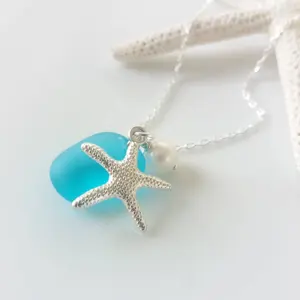 Starfish Sea Glass Necklace Sea Glass Necklace Starfish Pearl Necklace Sea Glass Jewelry Beach Jewelry Bridesmaid Neck Beach