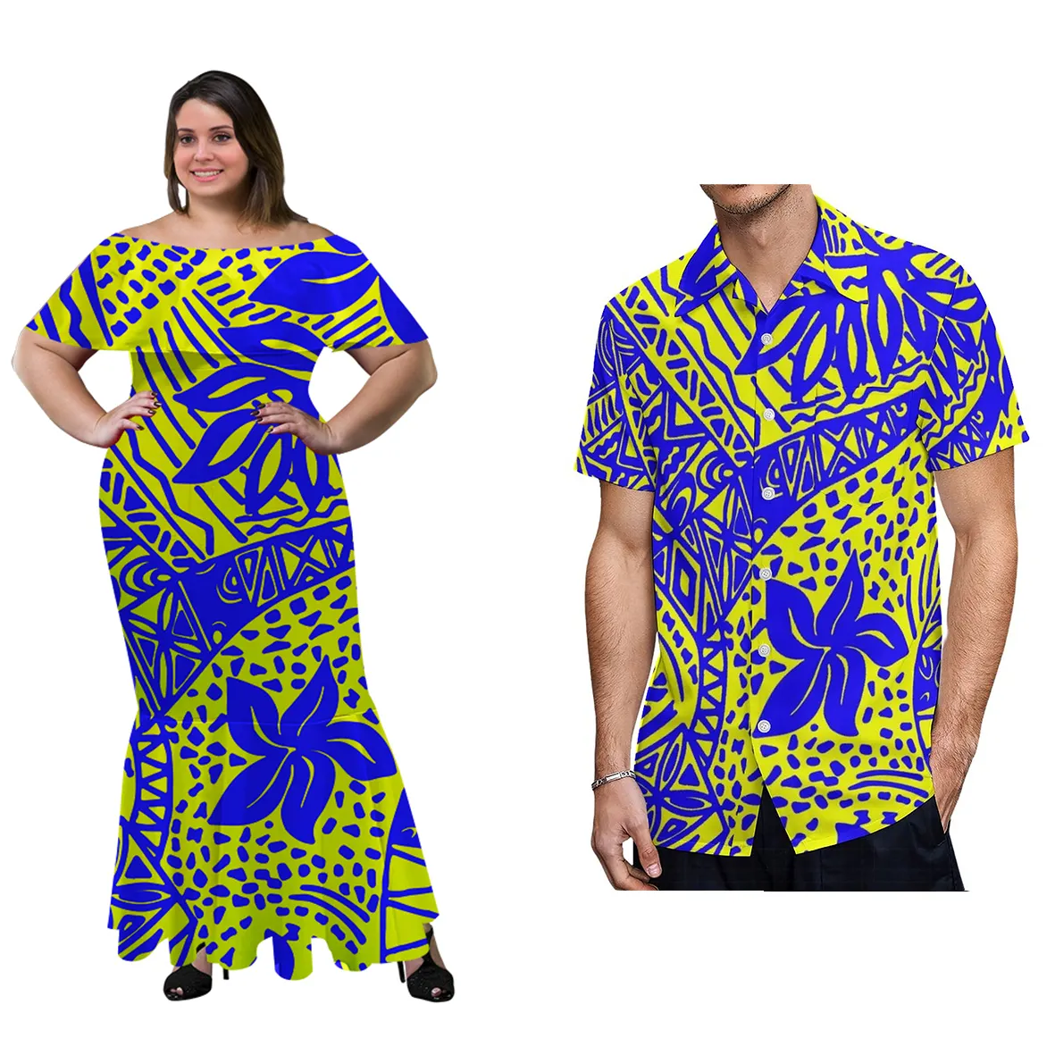 Grüne und blaue Frauen geschichteten Rüschen Schulter Meerjungfrau Kleider Polynesian Hawaiian Tribal Design Big People Herren Aloha Shirt