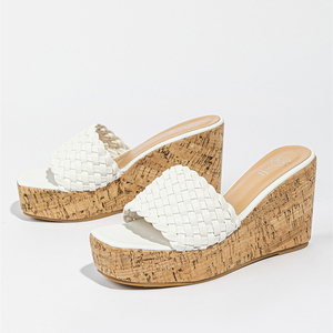 Chaussons tissés à talon compensé, nouvelle collection été 2023, à bout carré et semelle épaisse effet bois, 9 cm – Vente Flash - Product Image 3