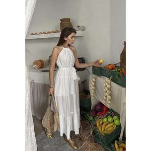 Vestido de corte A con cintura elástica, cuello halter y cinturón, tejido transpirable para uso diario informal - Product Image 4