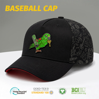Gorra de Béisbol Premium OEM de 5 Paneles, Estructurada, de Algodón, con Parche de Goma de Loro, Estampado Completo, Visera Curva, Ajustable, Estilo Urbano