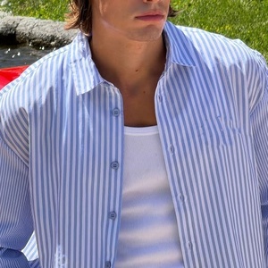 Men Blue <b>White</b> Vertical Stripe <b>2</b> <b>Piece</b> Outfit Long Sleeve Button Shirt Elastic Waist Shorts Casual Vacation Matching <b>Set</b> Custom - Product Image 3