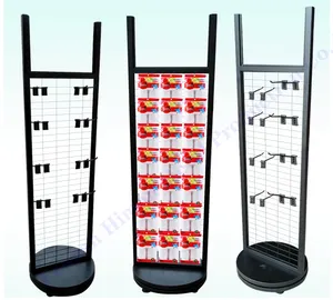 Retail Shop Turntable Rotating 2 Sided Retail Hanging Product Stand Metal Wire Mesh Grid Display Rack With Hooks