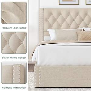 <span class=keywords><strong>Lit</strong></span> Plateforme Capitonnée Rose avec Tiroirs <span class=keywords><strong>de</strong></span> Rangement Sous le <span class=keywords><strong>Lit</strong></span> et Tête et Pied <span class=keywords><strong>de</strong></span> <span class=keywords><strong>Lit</strong></span> Capitonnés à Boutons, Aucun Sommier Tapissier Requis - Product Image 5