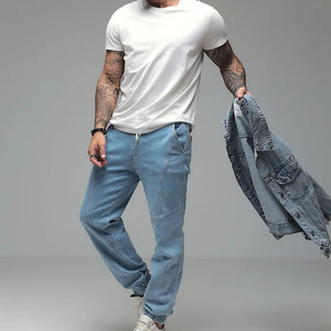 Nuovi <span class=keywords><strong>Jeans</strong></span> da <span class=keywords><strong>Uomo</strong></span> in Denim Ecologico Stile Americano, Gamba Dritta Larga <span class=keywords><strong>con</strong></span> Vita Regolabile, Tendenza High Street - Product Image 1