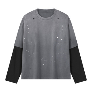 T-shirt à manches longues en coton lourd délavé RUICHI 270G, détails déchirés effet éclaboussures d'encre, patchwork rétro deux pièces pour hommes - Product Image 6