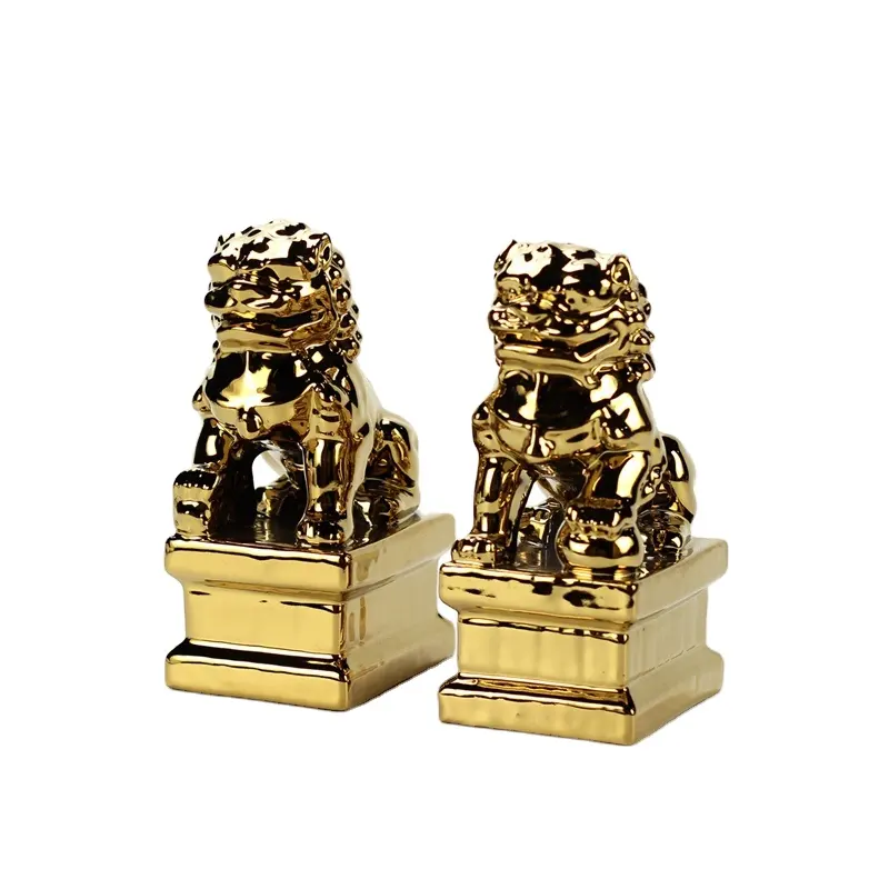 RYXP21-N cinese tradizionale lions door guard versione in scala in ceramica oro leone figurina