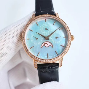Montre mécanique automatique à phases lunaires et calendrier perpétuel, édition limitée personnalisée, boîtier en or, cadran bleu clair en nacre, montre de luxe - Product Image 4