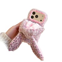 Coque de protection antichoc en PC avec oreilles de lapin imprimées léopard en peluche pour iPhone 15 16 17 18 Pro Max 14 13