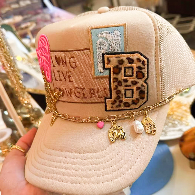 NEW! Glam Kitty Patch Trucker Hat with Gold Charm Chain Custom Glam Junk Trucker Hat Creation Process | TikTok main image 3