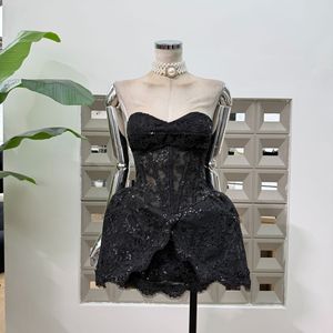 Abito Formale Elegante di Alta Qualità, Mini Abito a Linea A Senza Spalline con Decorazioni Floreali e Struttura a Lisca di <span class=keywords><strong>Pesce</strong></span> - Product Image 4