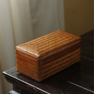Caja rectangular pequeña de bambú tejida a mano para ceremonia del té, joyas, antiguos, color envejecido - Product Image 2