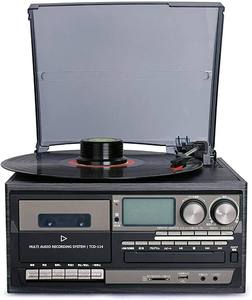 Multifunction Vintage <b>Vinyl</b> Record <b>Player</b> <b>CD</b> Cassette USB FM Radio BT Wooden Turntable Multimedia Audio System - Product Image 1