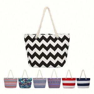 Large Cotton Canvas Zipper <b>Tote</b> Handbag for Women Dual Handle Summer Beach Shopping Bag - Product Image 5