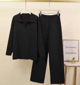 Conjunto de 2 Piezas de Suéter de Punto con Cuello Alto y Pantalones Anchos para Mujer, Otoño Invierno - Product Image 1