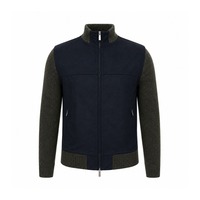 Jaket Rajut Pria Grosir Model Patchwork Full Zip Kerah Tegak Lengan Panjang Bahan Campuran Sweater Cardigan OEM ODM Outerwear