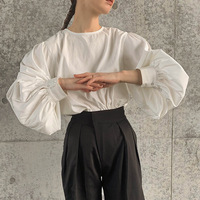 Chemisier coréen vert olive pour femme, col rond, froncé, manches ballon oversize, tunique ample, tenue décontractée quotidienne, 100% coton
