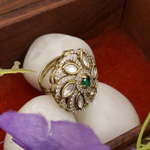 Brass Lab Created Moissanite Floral Antique Gold Plated Charm <b>Ring</b> <b>Adjustable</b> Trendy Fashion Jewelry Women with Kundan Inlay - Product Image 2