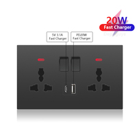 UK 13A con USB tipo C 20W Enchufe de toma de corriente de pared de carga rápida, interruptor de luz universal negro Panel de PC Toma de corriente USB dual