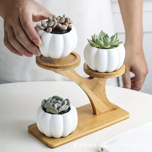 Support à plantes en bois à trois niveaux pour bureau, présentoir à mini-succulentes, couleur bois naturel, support à pots de fleurs à plusieurs niveaux - Product Image 2