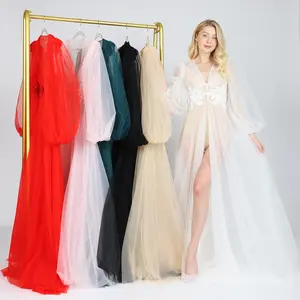 Yanzi vestido de renda para dama de honra, vestido longo elegante de casamento, de malha tule para fotografias, transparente