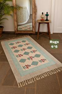 Floral Mughal <b>Block</b> Print Cotton Rug 4x6 Handmade Carpet with Tassels Boho Floor Mat Entryway Decor - Product Image 2