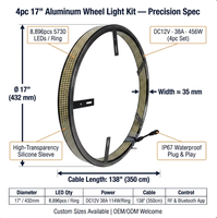 Kingshowstar Kit de 4 anneaux lumineux pour roues de 17 pouces, 8 rangées, blanc pur, super lumineux, avec télécommande RF via application, 12V pour ATV, UTV, camion