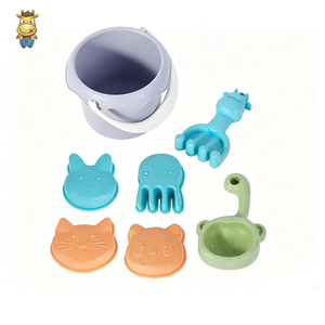 Wholesale Wheat Straw Beach Toy Set 7pcs <b>Kids</b> Bucket with Animal Claw Rake <b>Watering</b> <b>Can</b> Sea Animal Moulds Mesh Bag - Product Image 2