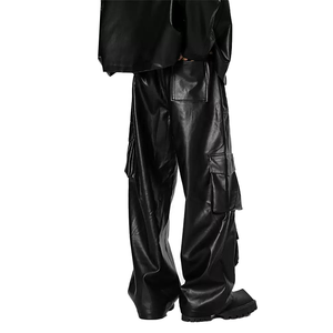 Pantaloni da Moto in <span class=keywords><strong>Pelle</strong></span> Nera Larghi Personalizzati per <span class=keywords><strong>Uomo</strong></span>, Stile High Street con Tasche Multiple, Pantaloni Cargo da <span class=keywords><strong>Uomo</strong></span> - Product Image 5