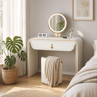 Table de toilette moderne minimaliste en bois massif avec miroir sur pied, bureau de maquillage de luxe en cuir crème, tiroirs de rangement, meuble de chambre