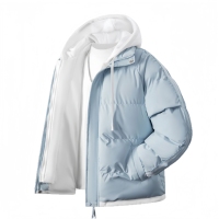 Blouson matelassé à capuche color block pour homme, bleu clair et blanc, manteau d'hiver chaud avec détails rayés sur les manches