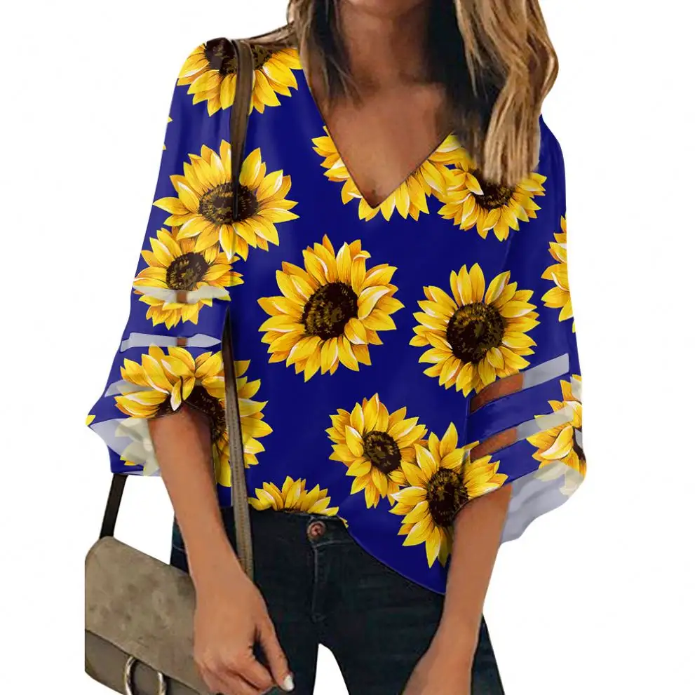 Pabrik Grosir Blus & Atasan Wanita Cetak Bunga Matahari Wanita Desain Anda Baju Sifon Kasual Longgar Bunga Matahari
