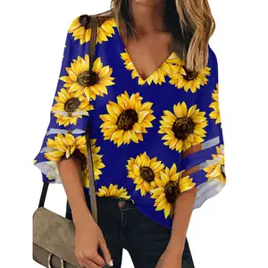 Factory Wholesale Sunflower Print Ladies' ブラウス & トップスCustomあなたのデザインSun花Loose Casual Womenのシフォンシャツ