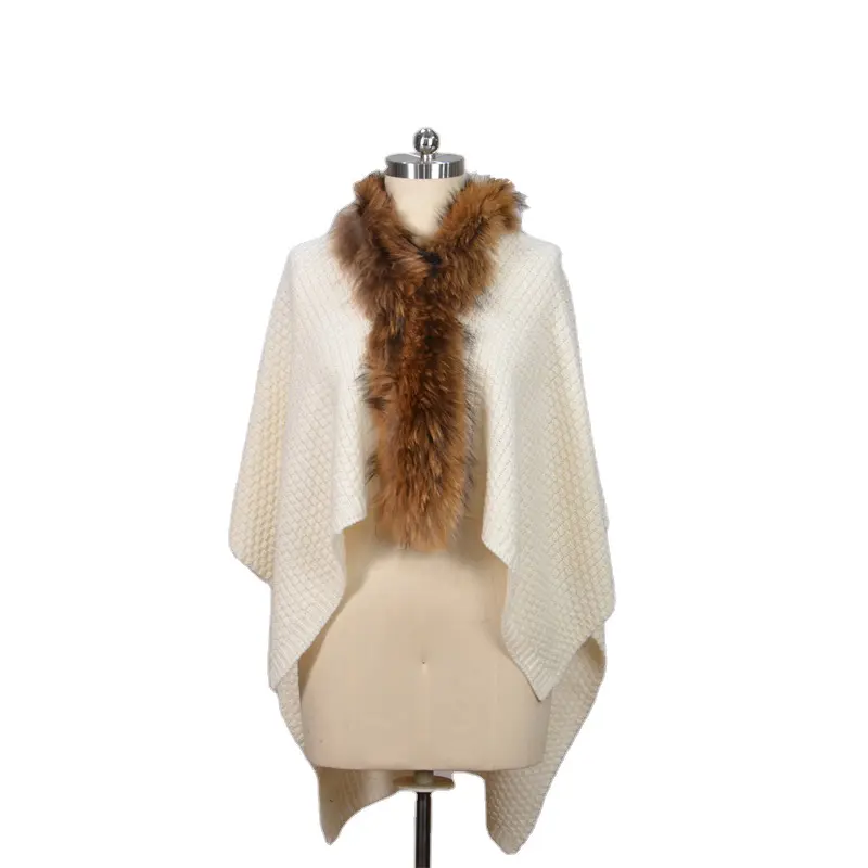 Hot Latest Design Elegant Ladies Shawl Sweater White Cardigan Sweaters Women Knitted With Real Raccoon Fur Trim