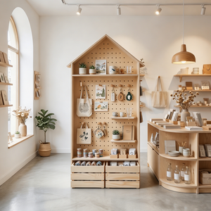 Solid Wood Perforated Board Display <b>Rack</b> Wooden Commercial Cultural and Creative Display Cabinet with Wheels - Product Image 6