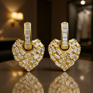 Orecchini Pendenti a Cuore in Oro E3549 con Zirconi Taglio Smeraldo, Gioielli da Donna alla Moda per Feste, Stile Trendy - Product Image 2