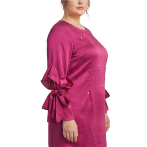 Chemisier rose en mousseline pour femme, style bureau, avec manches ballon unies, col rond, coupe ample, décontracté, orné de perles - Product Image 3