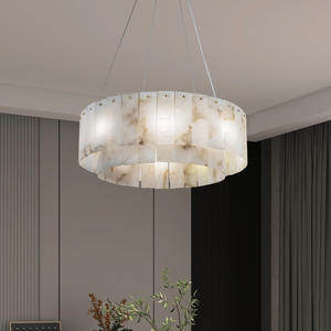 Lustre de salon de style chinois entièrement en cuivre, marbre naturel, grand villa, chambre à coucher, salle d'exposition, luminaires suspendus - Product Image 1