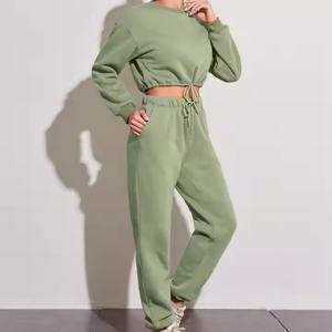 Conjunto Casual de Otoño Invierno para Mujer, Color Verde Sólido, Manga Larga, Cuello Redondo, Sudadera, Pantalones Deportivos, Top Corto, Sudadera con Capucha - Product Image 2