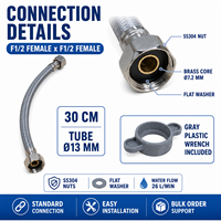 Tuyau d'alimentation en eau tressé en nylon gris F1/2 X F1/2 30cm avec âme en laiton EPDM et raccords femelles SS304 pour lavabo et toilettes - Fournisseur OEM