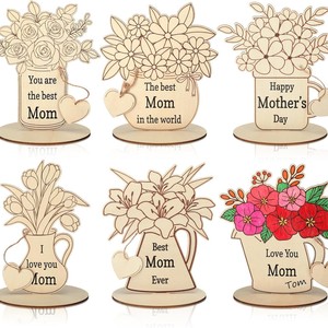 Vietnam 6 Set Carte de Fleurs en Bois Inachevé DIY Fête des Mères Ornements en Bois pour Maman Grand-Mère - Product Image 1