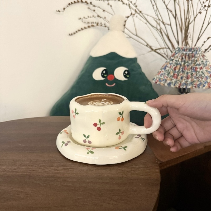 White-Colorful cherry 320ml cup 15.5cm dish